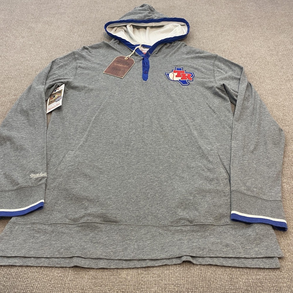 Texas Rangers Hoodie Mens XL Gray MLB Baseball Mitchell & Ness Henley Pullover